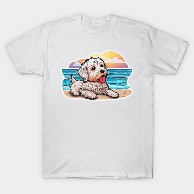 Dog on the beach Westie West Highland Terrier T-Shirt by Scrapitsideways